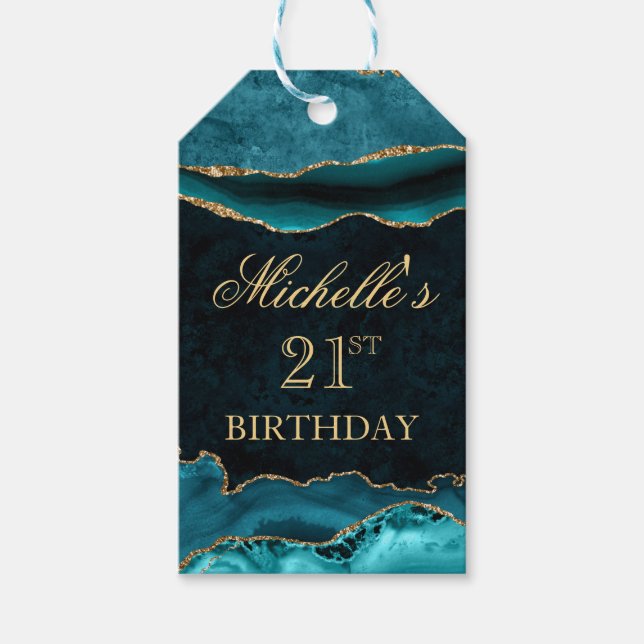 Marble Agate Birthday, aquamarin und Gold Glitzer Geschenkanhänger (Vorderseite)