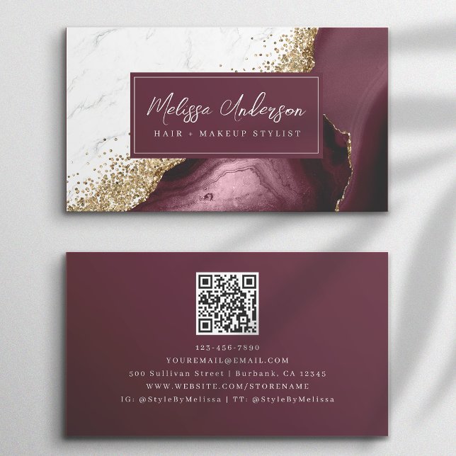 Marble Agate Burgundy Gold Glitzer QR Code Visitenkarte (Von Creator hochgeladen)
