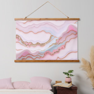 Marble Agate Modern Blue Pink Gold Collection Wandteppich Mit Holzrahmen