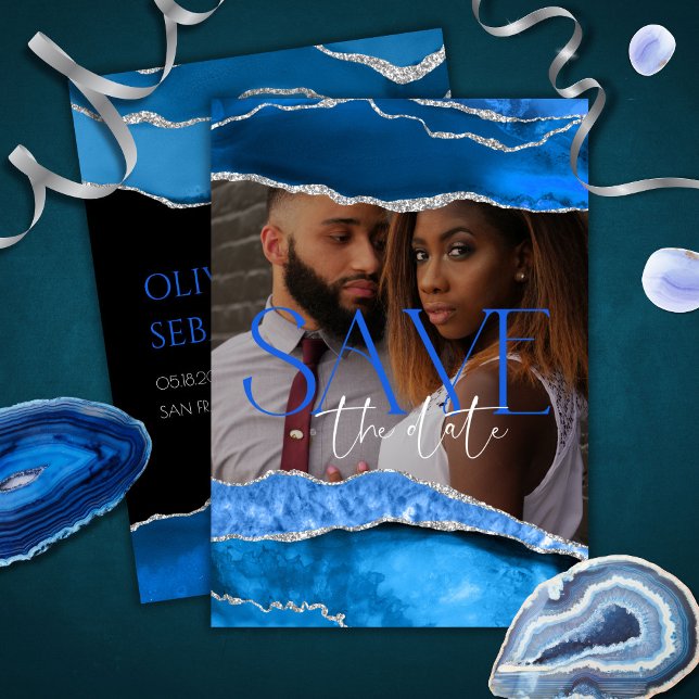 Marble Agate Royal Blue Foto Wedding Save The Date (Von Creator hochgeladen)