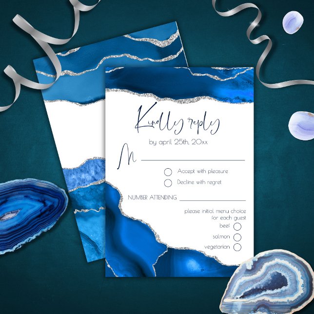 Marble Agate Royal Blue Menu Choice Wedding RSVP Karte (Von Creator hochgeladen)