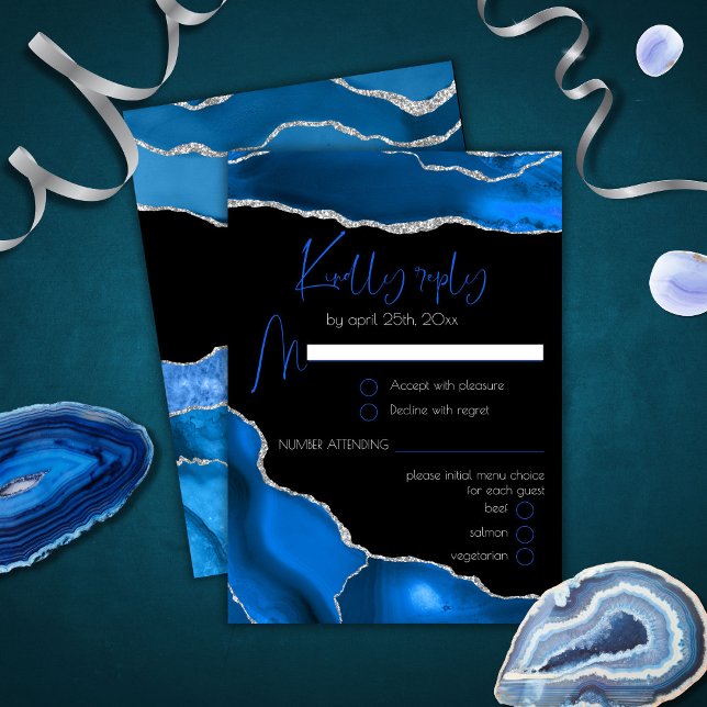 Marble Agate Royal Blue Menu Choice Wedding RSVP Karte (Von Creator hochgeladen)