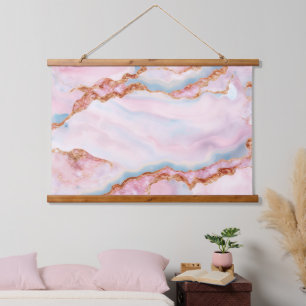 Marble Agate Trendy Blue Pink Gold Collection Wandteppich Mit Holzrahmen