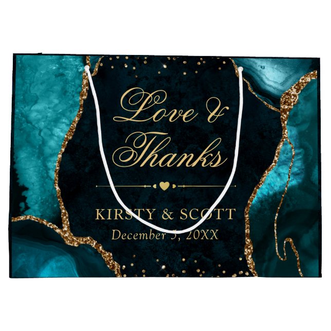 Marble Agate Wedding mit aquamarinem und Gold Glit Große Geschenktüte (Rückseite)
