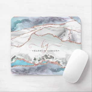 Marble Aquamarine Rose Gold Glitzer Script Monogra Mousepad