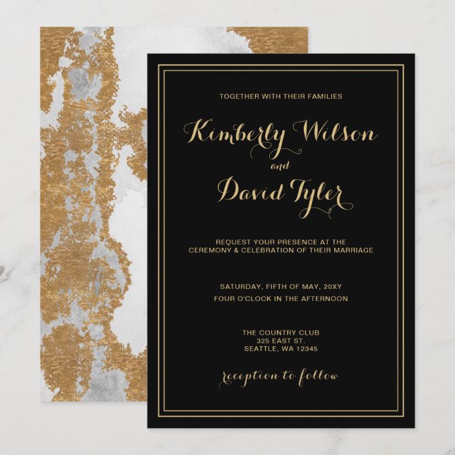 Marble Black and Gold Wedding Einladung (Vorne/Hinten)