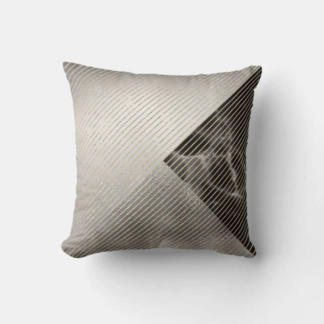 Marble Black Gray Silver Metallic Geometrie Streif Kissen (Vorderseite)