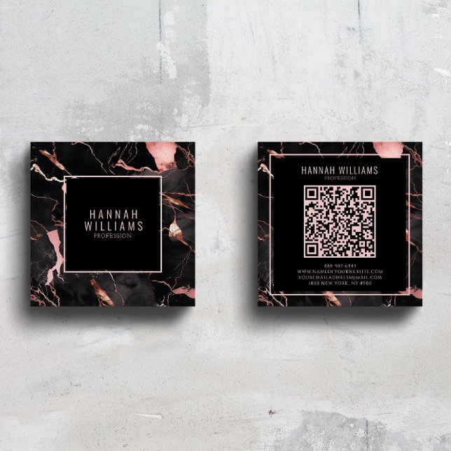 Marble Black Rose Gold QR Code Girly Trendy Quadratische Visitenkarte (Von Creator hochgeladen)