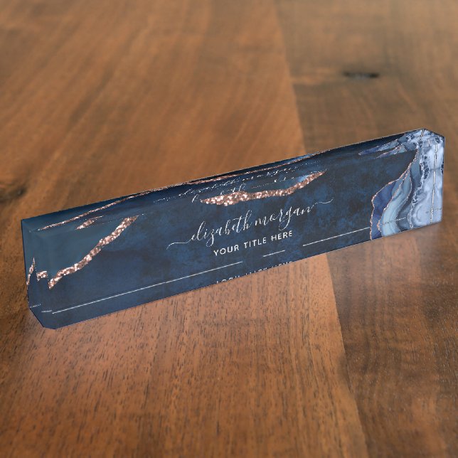 Marble Blue Rose Gold Foil Agate Signature Script Namensplakette (Seite)
