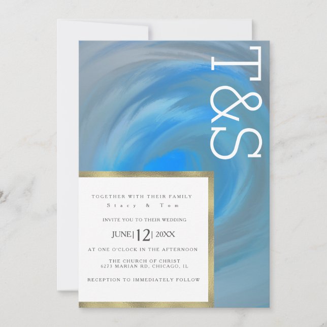 Marble Blue Wave Beach Typografy Wedding Einladung (Vorderseite)