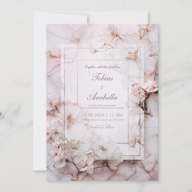 Marble Blush Floral Romantische Hochzeit Einladung (Vorderseite)