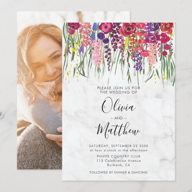 Marble Boho Akryllische Blume Foto Hochzeit Einladung (Vorne/Hinten)
