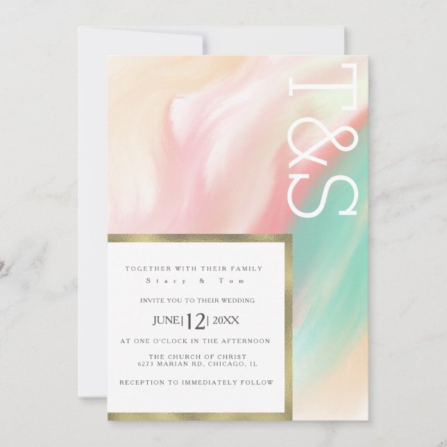 Marble Bold Pink Aquamarin Peach Typografy Wedding Einladung (Vorderseite)