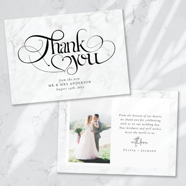 Marble Chic Calligraphy Script Foto Wedding Dankeskarte (Von Creator hochgeladen)