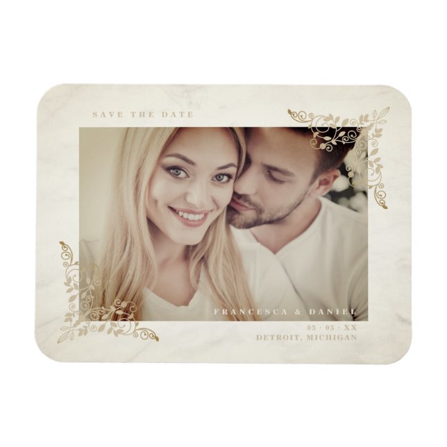 Marble Chic Golden Lace Romantische Paare Hochzeit Magnet (Horizontal)