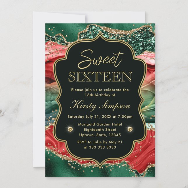 Marble Christmas Agate & Gold Glitzer Sweet 16 Einladung (Vorderseite)