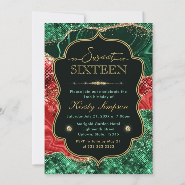 Marble Christmas Agate & Gold Glitzer Sweet 16 Einladung (Vorderseite)