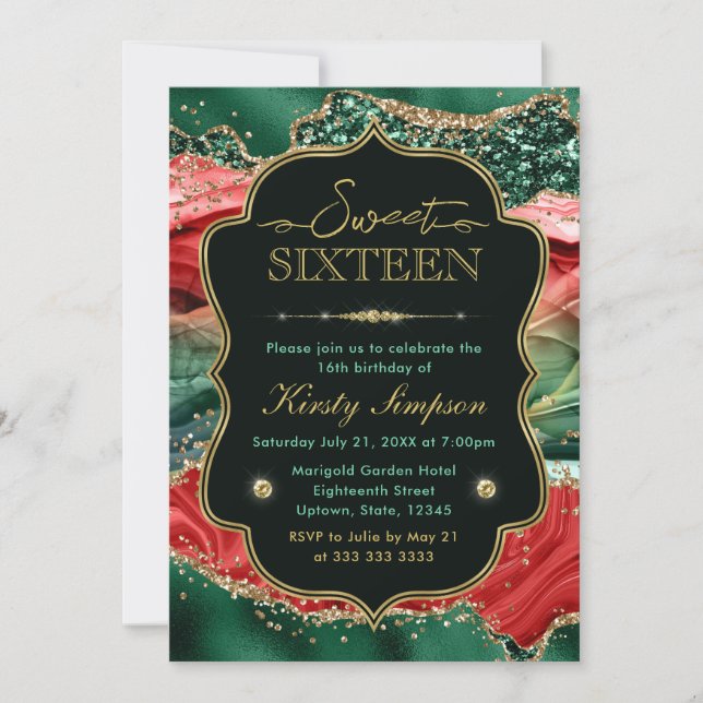 Marble Christmas Agate & Gold Glitzer Sweet 16 Einladung (Vorderseite)