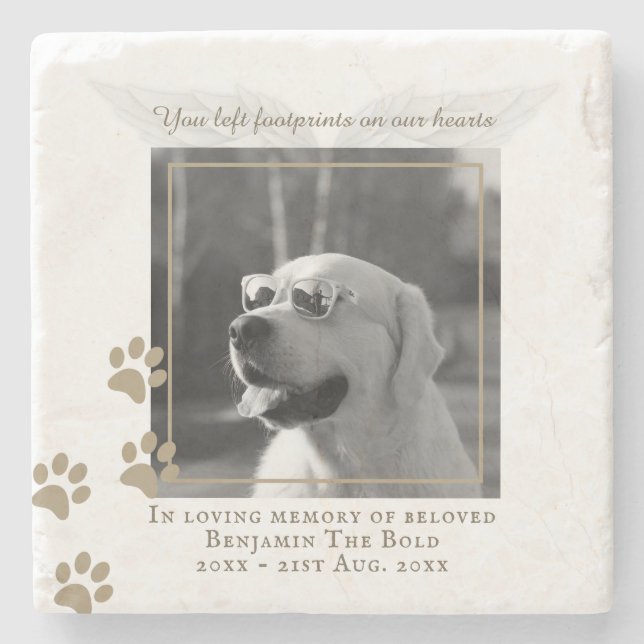 Marble Dog Memorial Foto Plaque Angel Wings Steinuntersetzer (Vorderseite)