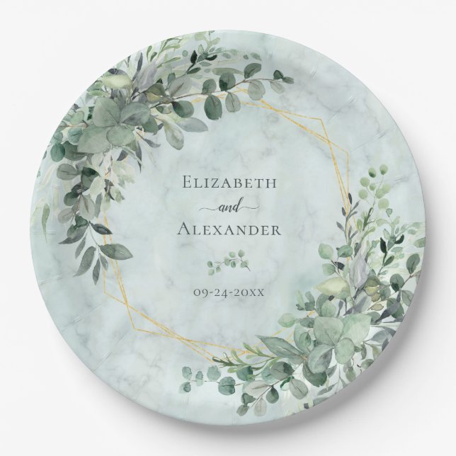 Marble Elegant Greenery Gold Geometrische Hochzeit Pappteller (Vorderseite)