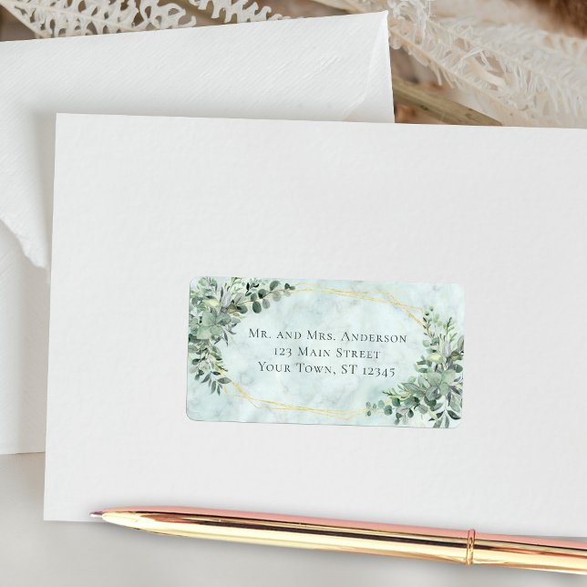 Marble Eucalyptus Greenery Gold Wedding Address Adressaufkleber (Von Creator hochgeladen)