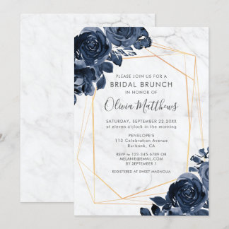 Marble Geometric Gold Blue Rose Bridal Brunch Einladung