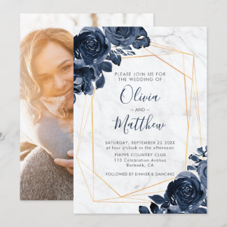 Marble Geometric Gold Blue Rose Foto Hochzeit Einladung