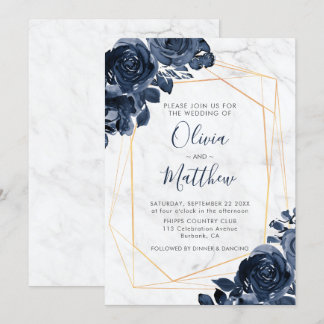 Marble Geometric Gold Blue Rose Hochzeit Einladung