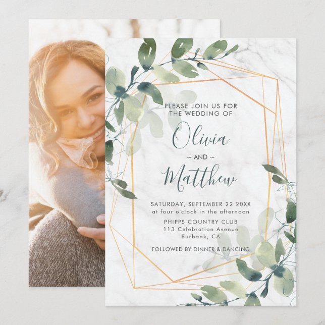 Marble Geometric Gold Eukalyptus Foto Wedding Einladung (Vorne/Hinten)