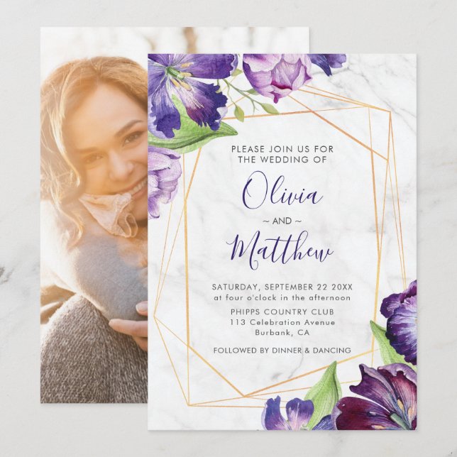 Marble Geometric Gold Lila Tulips Foto Hochzeit Einladung (Vorne/Hinten)