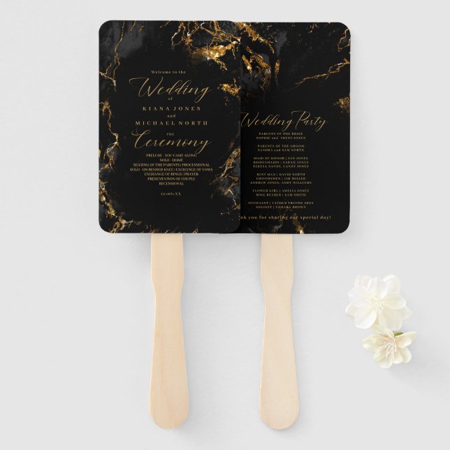 Marble Glitzer Wedding Program Black Gold ID644 Fächer (Vorne und Hinten)