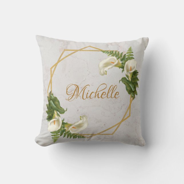 Marble Gold Calla Lilies Floral Geometrischer Name Kissen (Vorderseite)