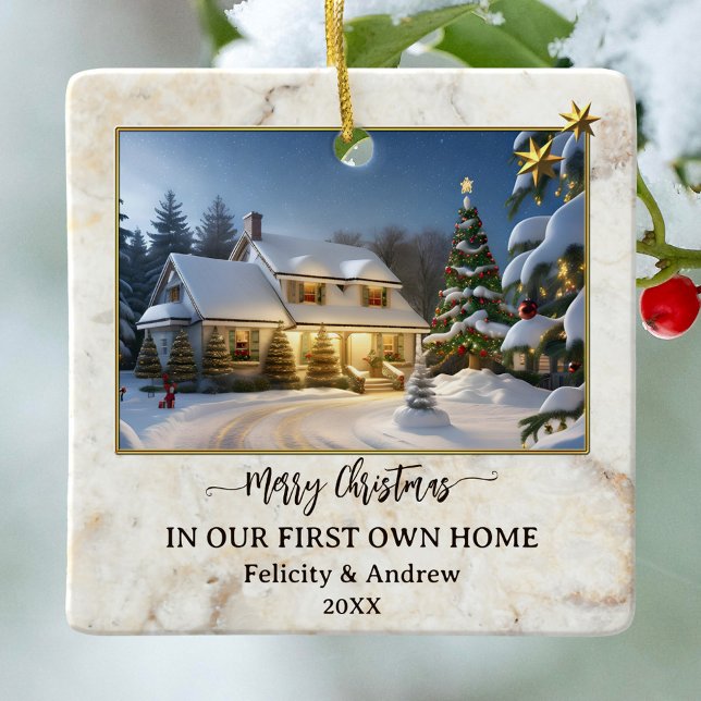 Marble Gold First Zuhause Foto Keramikornament (Christmas ornament featuring your custom photos framed by a chic marble design with golden stars)