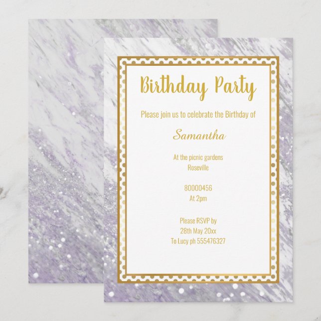 MARBLE GOLD LILAC SPOT GEBURTSTAG EINLADUNG (Vorne/Hinten)