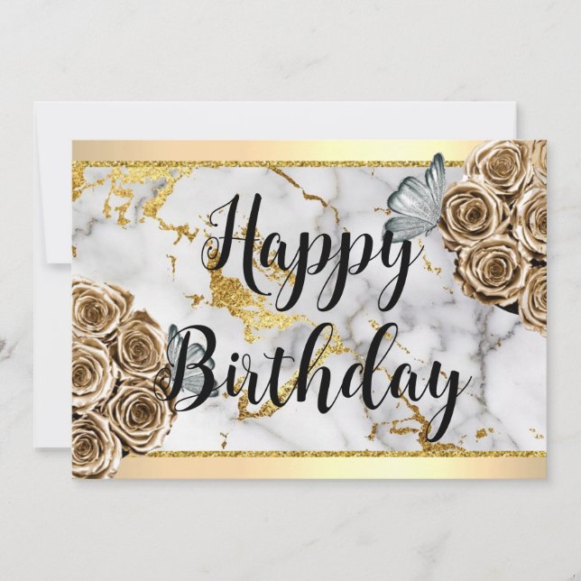 Marble Gold Rose Butterfly Happy Birthday Einladung (Vorderseite)