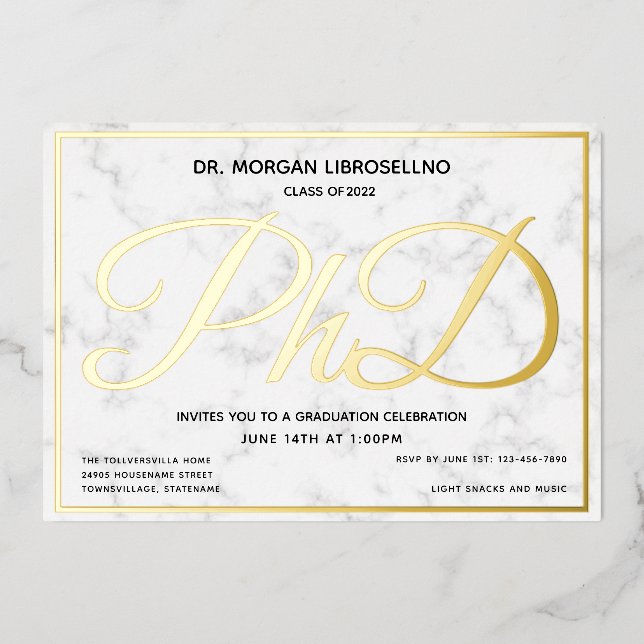Marble Gold White PhD Abschluss Einladung (Vorderseite)