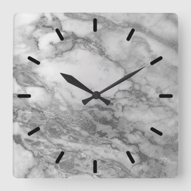 Marble Gray Silver Graphite Carrara Minimal Black1 Quadratische Wanduhr (Vorderseite)