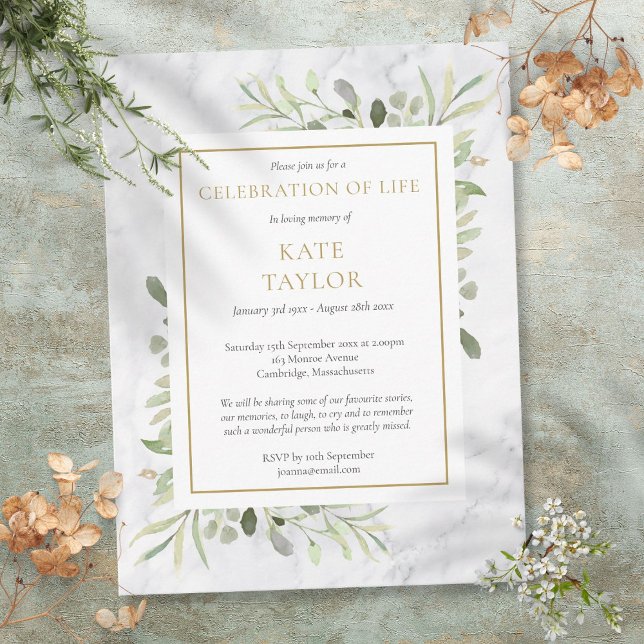 Marble Greenery Feier des Lebens Einladung Postkarte (Marble Greenery Celebration of Life Invitation Postcard)