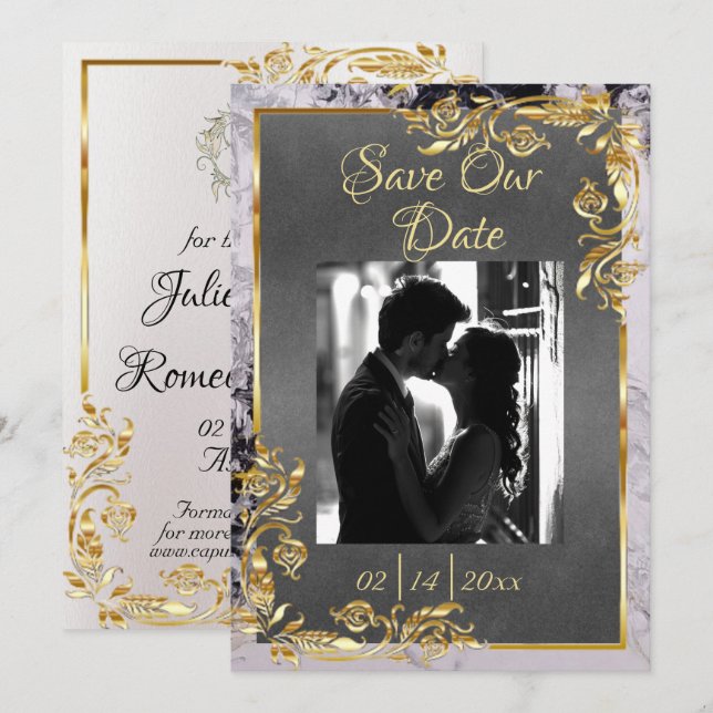 Marble & Grey, Gold Frame, Silver Heart Save The Date (Vorne/Hinten)