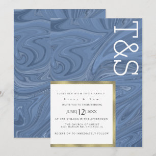 Marble Liquid Dark Blue Gold Typografy Wedding Einladung