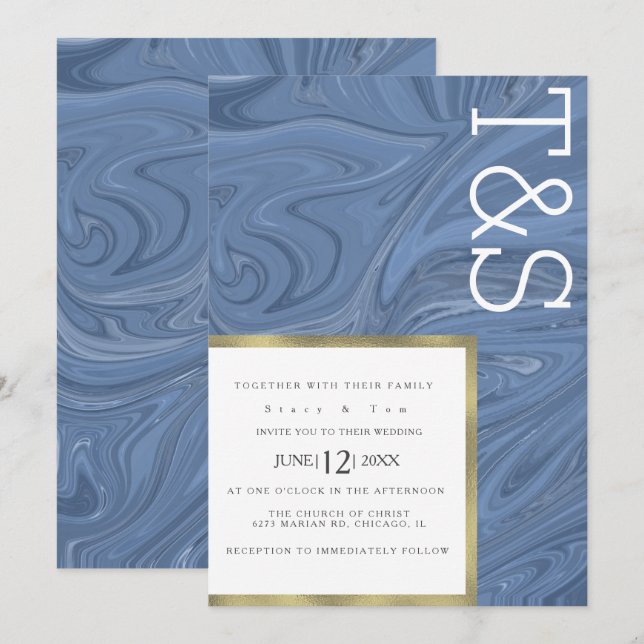 Marble Liquid Dark Blue Gold Typografy Wedding Einladung (Vorne/Hinten)