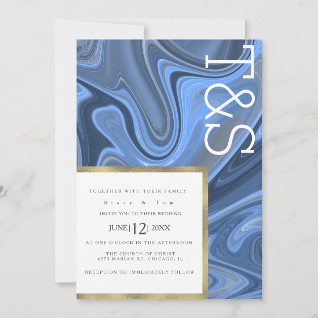 Marble Liquid Navy Blue Gold Typografy Wedding Einladung (Vorderseite)