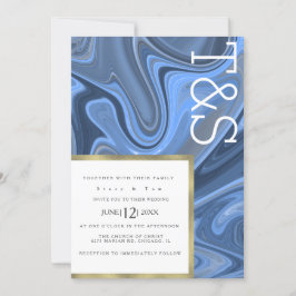 Marble Liquid Navy Blue Gold Typografy Wedding Einladung