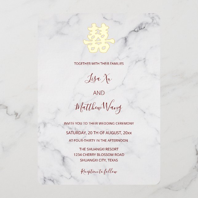 Marble Moderne Chinesische Hochzeit Folieneinladung (Vorderseite)