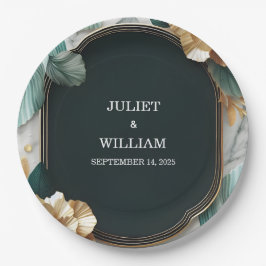 Marble Monstera Emerald Green and Gold Wedding Pappteller
