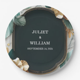 Marble Monstera Emerald Green and Gold Wedding Pappteller