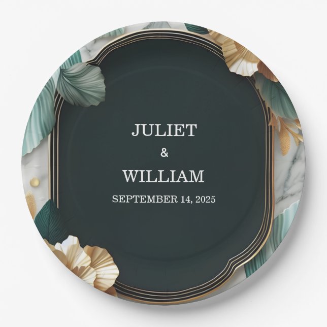 Marble Monstera Emerald Green and Gold Wedding Pappteller (Vorderseite)