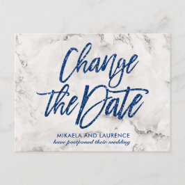 Marble Navy Blue Glitzer Skript ändern das Datum Ankündigungspostkarte