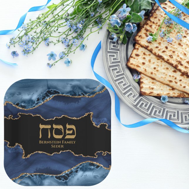 Marble Navy Blue und Gold Hebrew Pesach Sameach Pappteller (Von Creator hochgeladen)