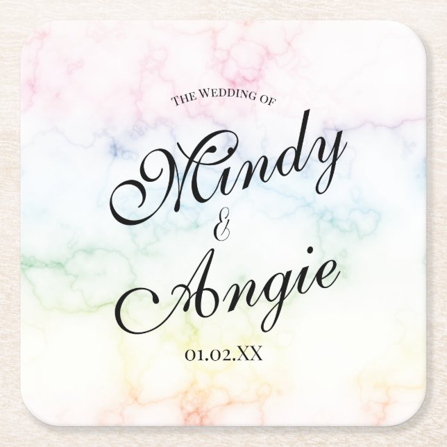 Marble Rainbow Gay Script Wedding Rechteckiger Pappuntersetzer (Vorderseite)